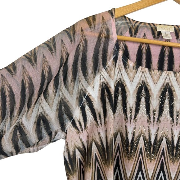 Chicos Mixed Print Top Sz 2 (12 14 Large) Sheer Sleeves Embellished 3/4 Sleeve - Picture 5 of 12